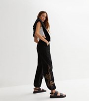 New Look Black Dragon Embroidered Parachute Trousers
